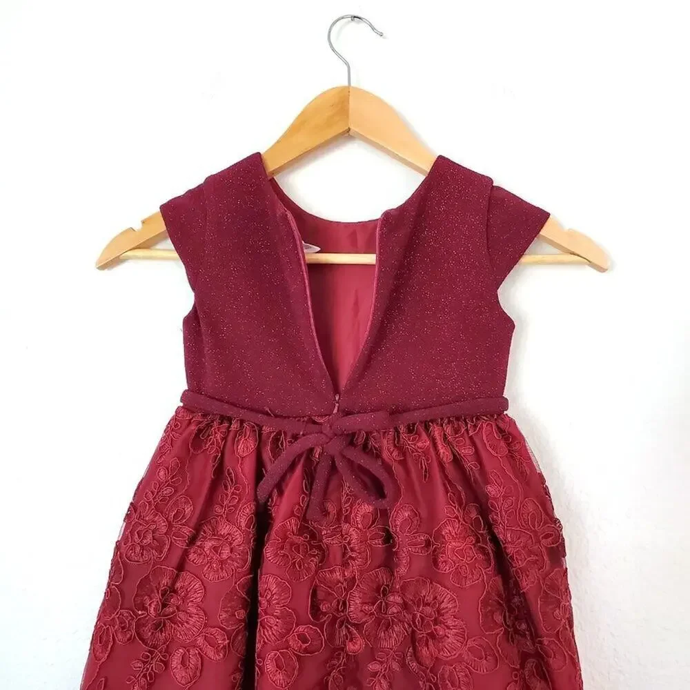 Youngland Girls Size 4 Red Glitter Floral Lace Holiday Dress Large Satin Bow